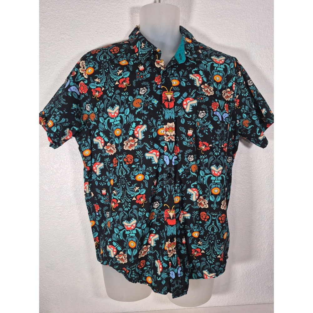 Nintendo Super Mario Bros Floral Damask Button Down Shirt Black Short Sleeve